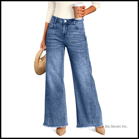 Denim - Wide Leg Jeans Relaxed Loose Straight Leg Raw Hem Comfort Denim Pants